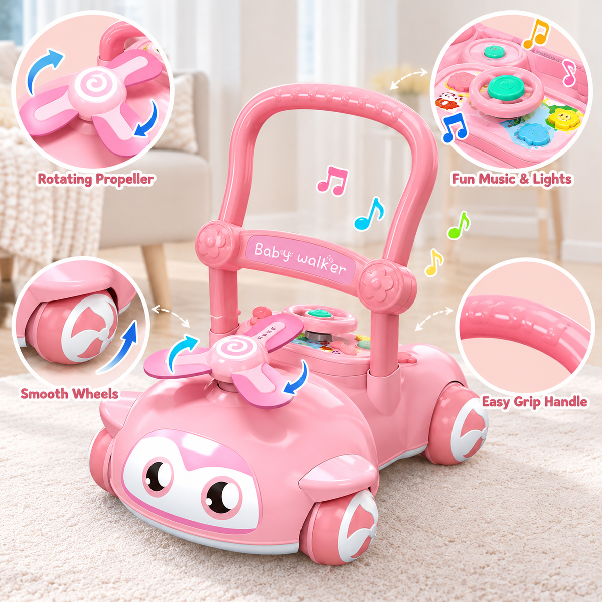 Walker push toy for babies with tall handle and stable four-wheel construction