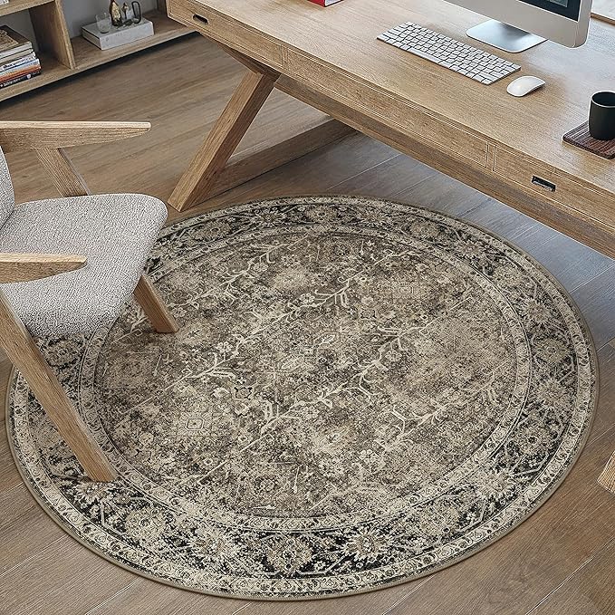 Brown vintage round rug placed in living room interior