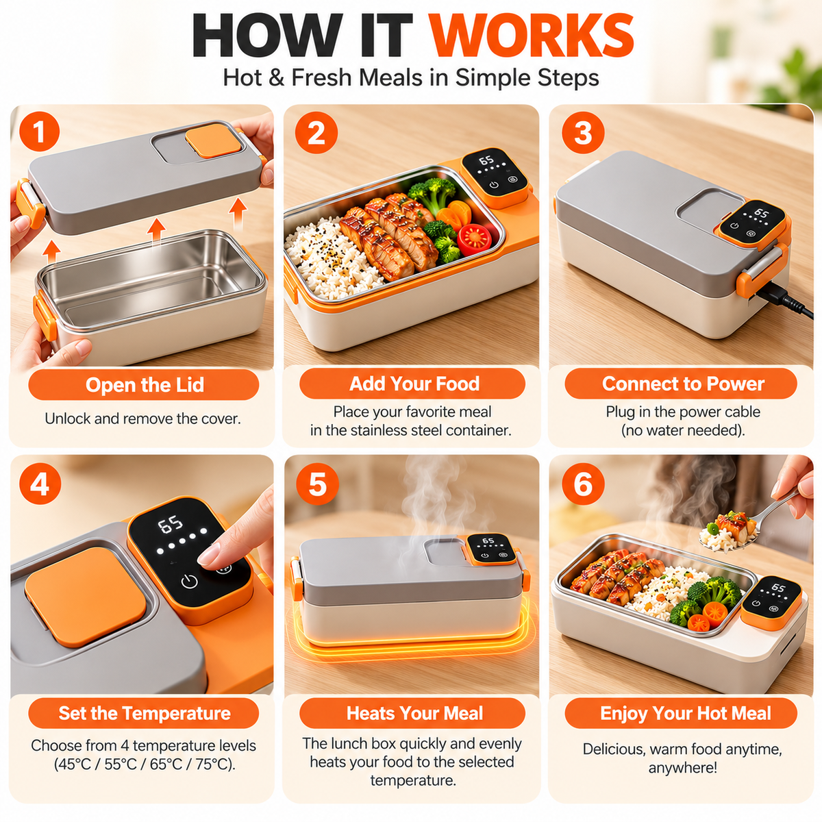 Detachable 304 Stainless Steel Heated Lunch Container