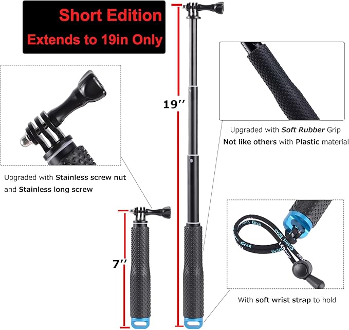 Waterproof 19” Short Extension Selfie Stick for Action Cameras, Perfect for Outdoor Adventures