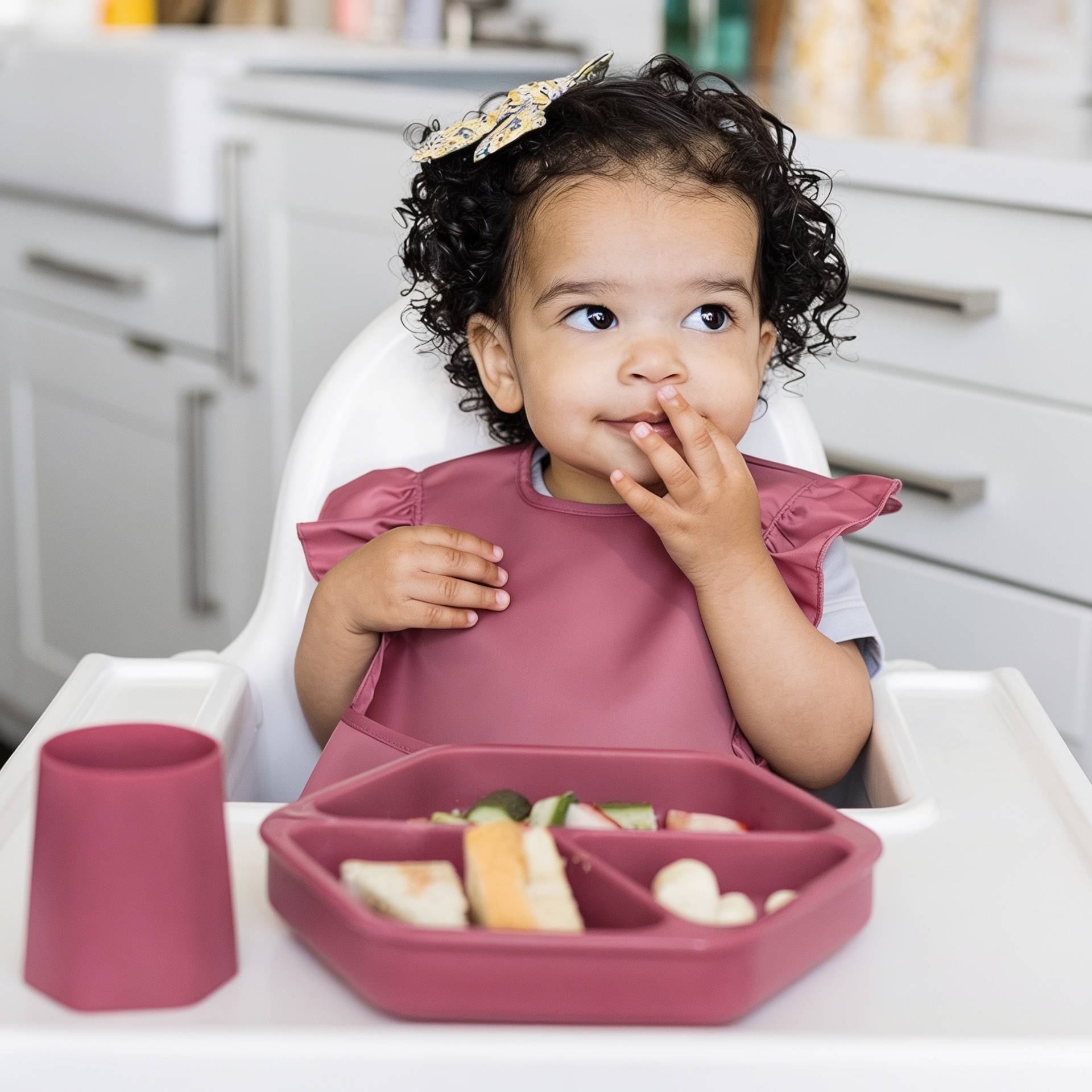 Side View of Wipeable Toddler Bib with Catch-All Pocket