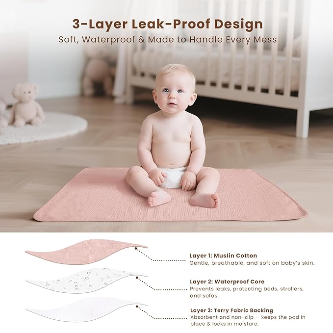 Waterproof baby changing mat made of muslin cotton, portable and easy to clean for diaper changes.