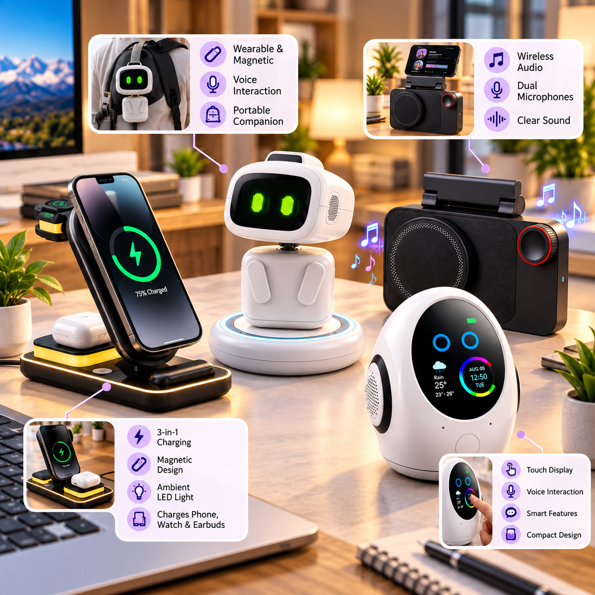 Wearable AI companion with desktop speaker and magnetic charging accessories