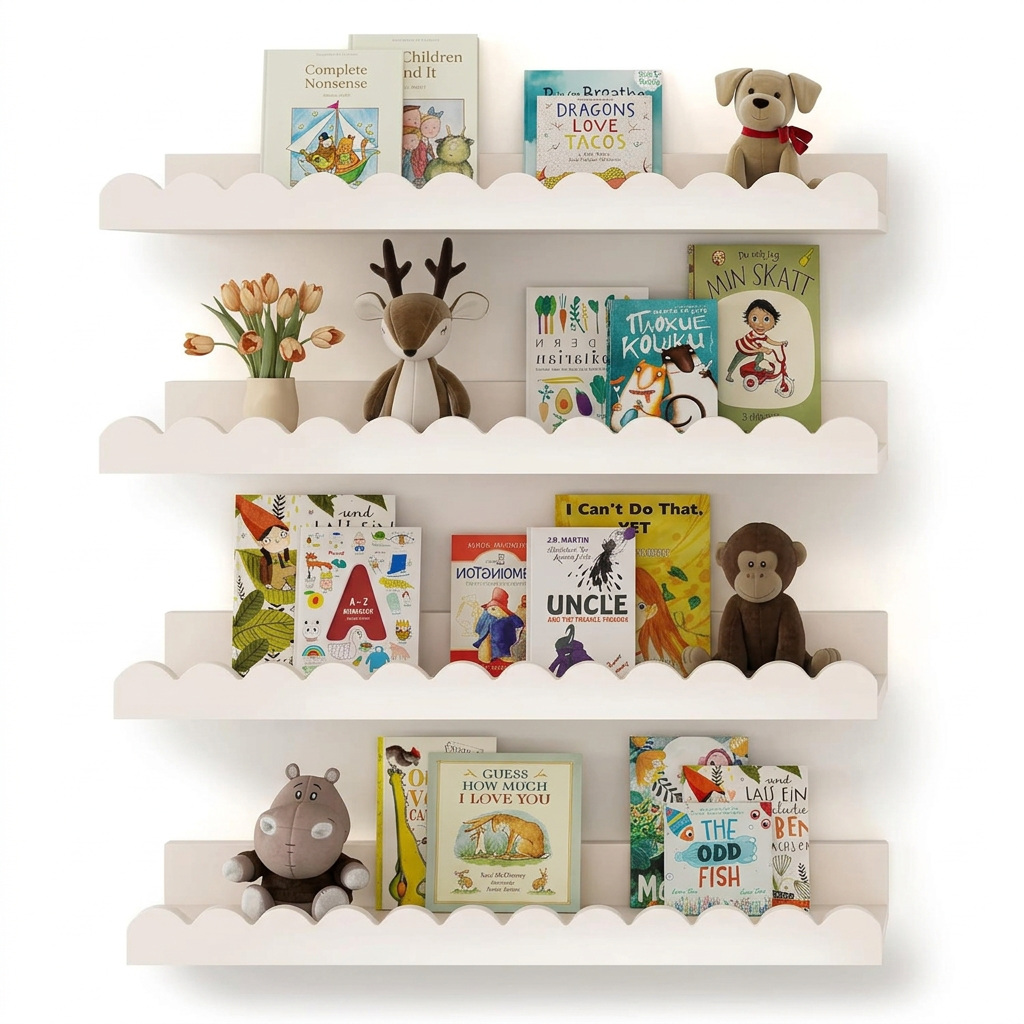 White Floating Nursery Book Shelves 4 Pack Wall Mounted for Kids Room Storage
