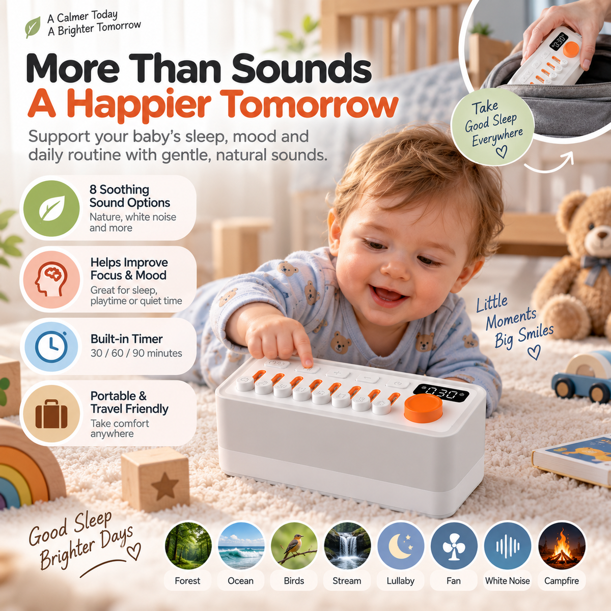 White sound machine with illuminated digital screen and orange rotary control dial