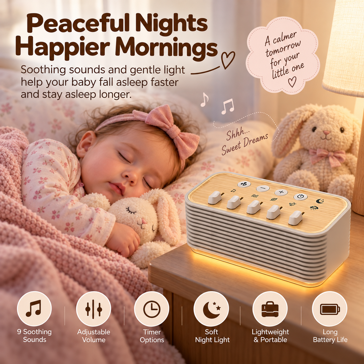 White sound machine featuring integrated warm ambient lighting for bedside use