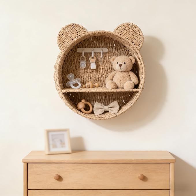 Wicker baby room shelf, durable and lightweight wall mounted organizer.