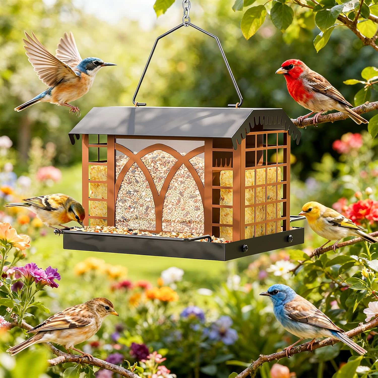 Wild Bird Feeding Station With Hanging Metal Construction