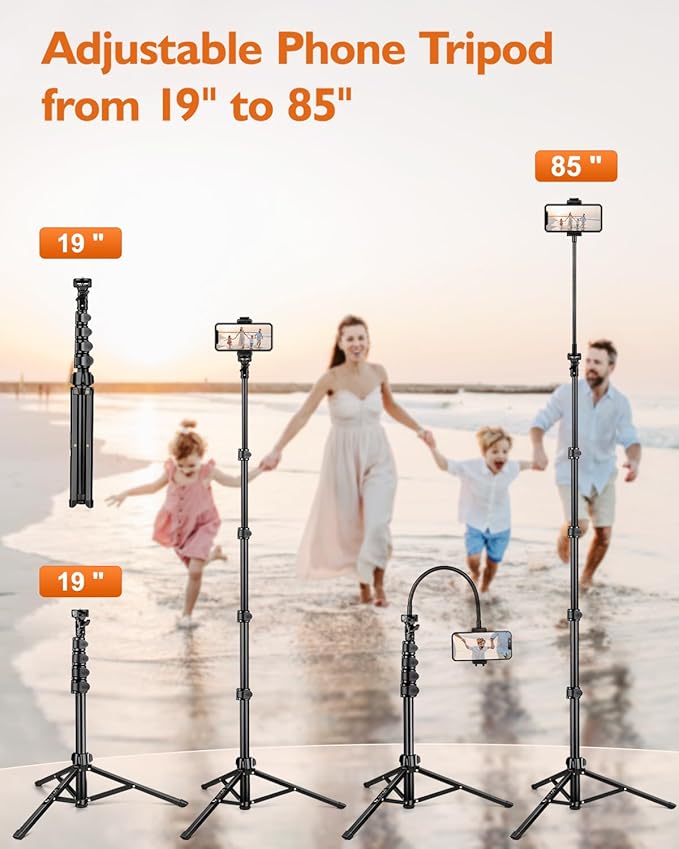 Wireless Remote for Hands-Free Photography and Video Recording with 85" Tall Phone Tripod