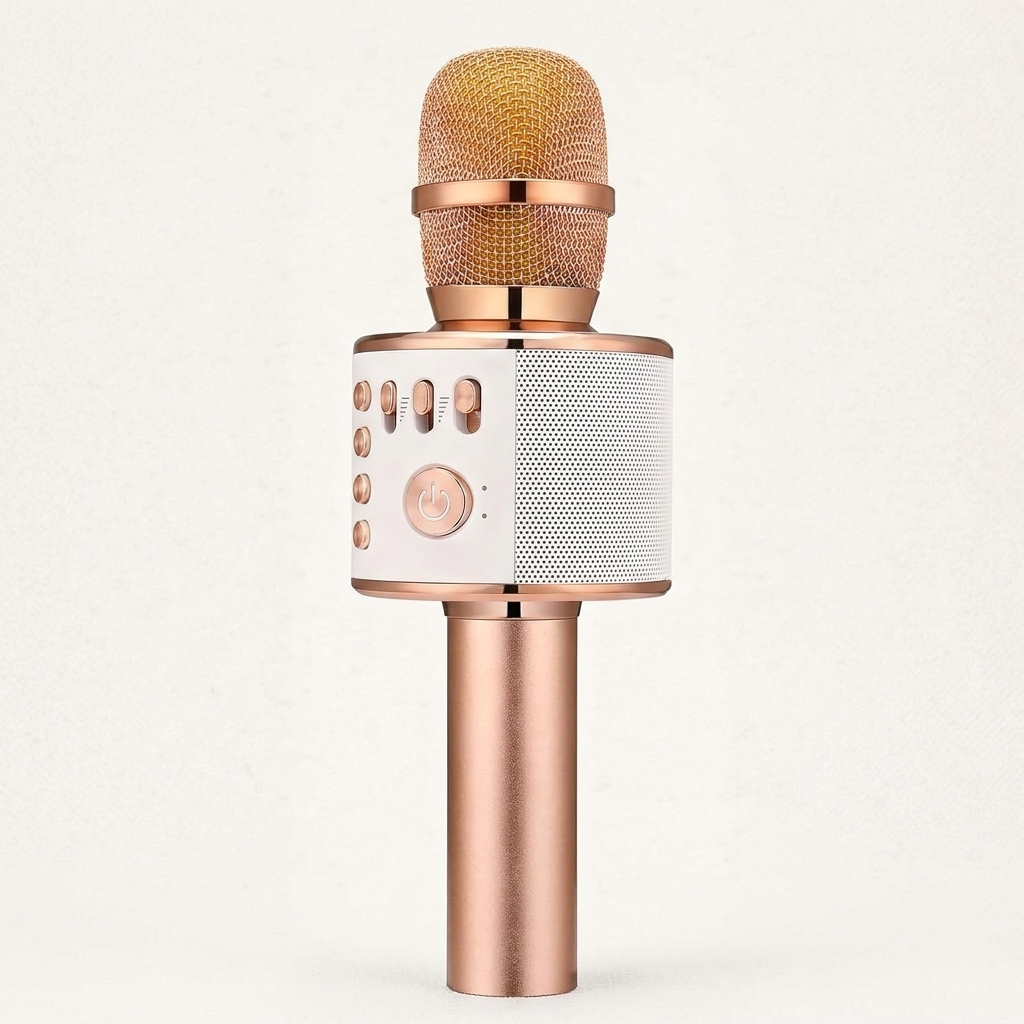 Wireless karaoke microphone in rose gold with built in speaker