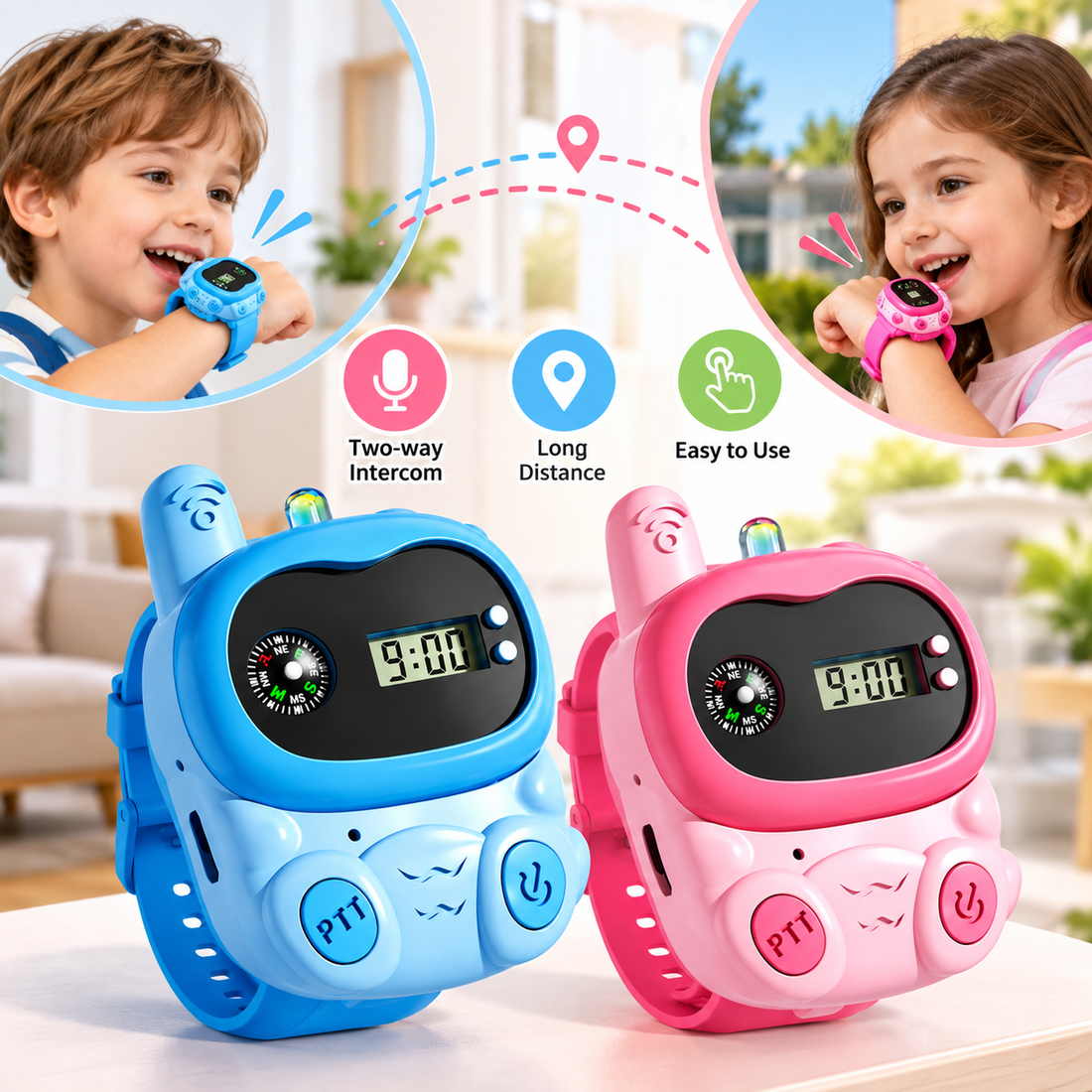 Colorful children's wireless walkie talkie watches designed for interactive two-way voice communication.