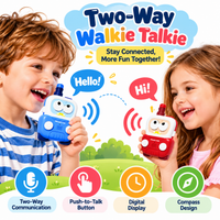 Two children holding blue and red cartoon walkie talkies while enjoying interactive communication.