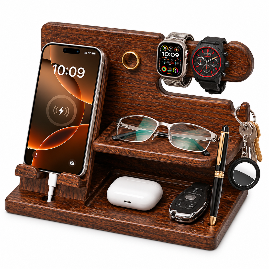 Wooden Valet Organizer with Phone, Wallet, Watch & Key Holder