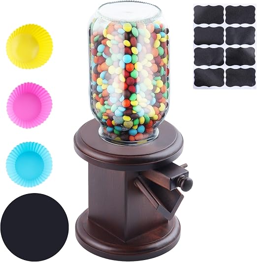 Wooden countertop candy dispenser with a storage compartment for small sweets and dry snacks.