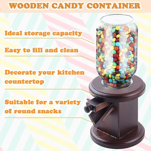 Countertop wooden dispensing container filled with compatible dry breakfast cereal.