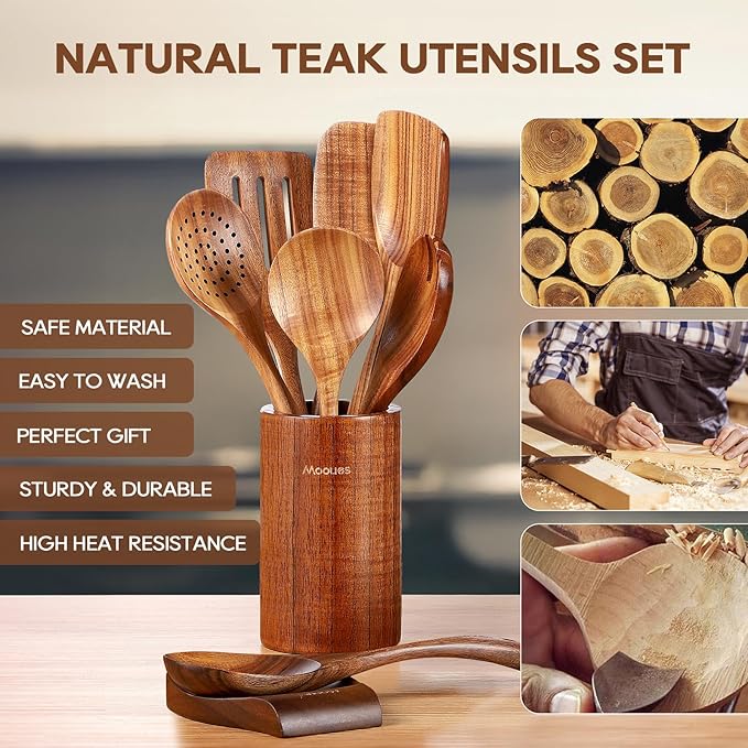 Teak Wood Cooking Spoons & Holder