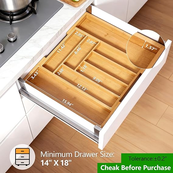 Adjustable bamboo storage tray with multiple sections