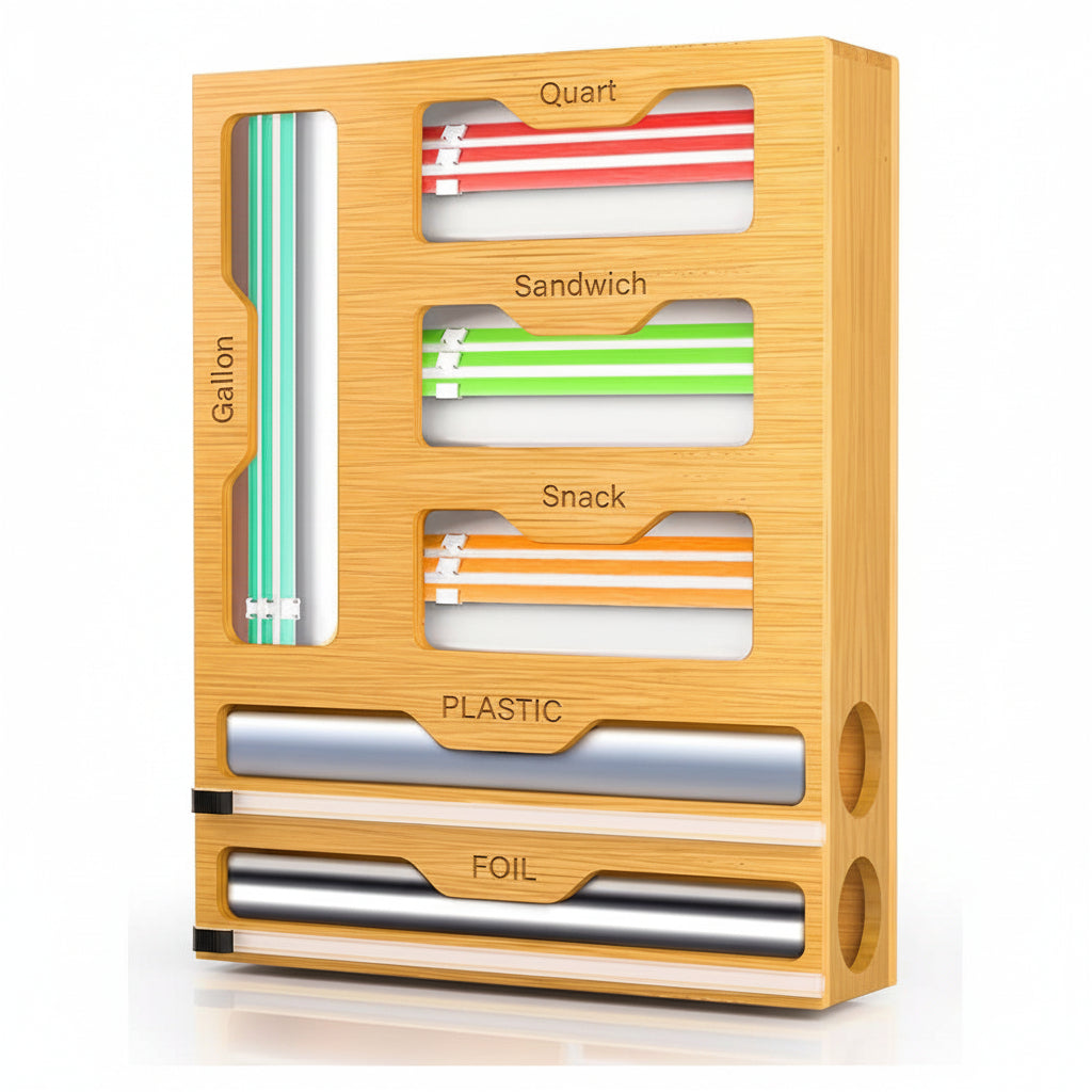 Bamboo kitchen drawer organizer for wrap rolls and food storage bags.