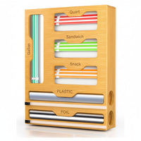 Bamboo kitchen drawer organizer for wrap rolls and food storage bags.
