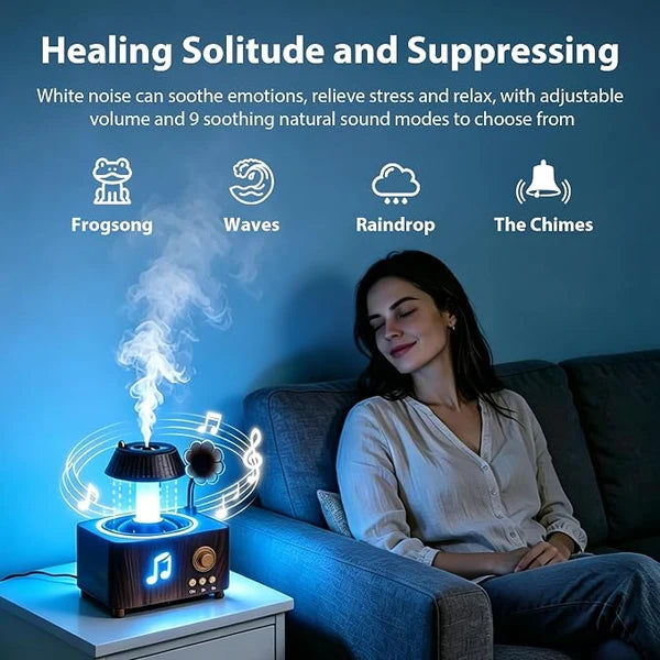 Digital alarm clock, humidifier and smart electronic accessories arranged beside a bed