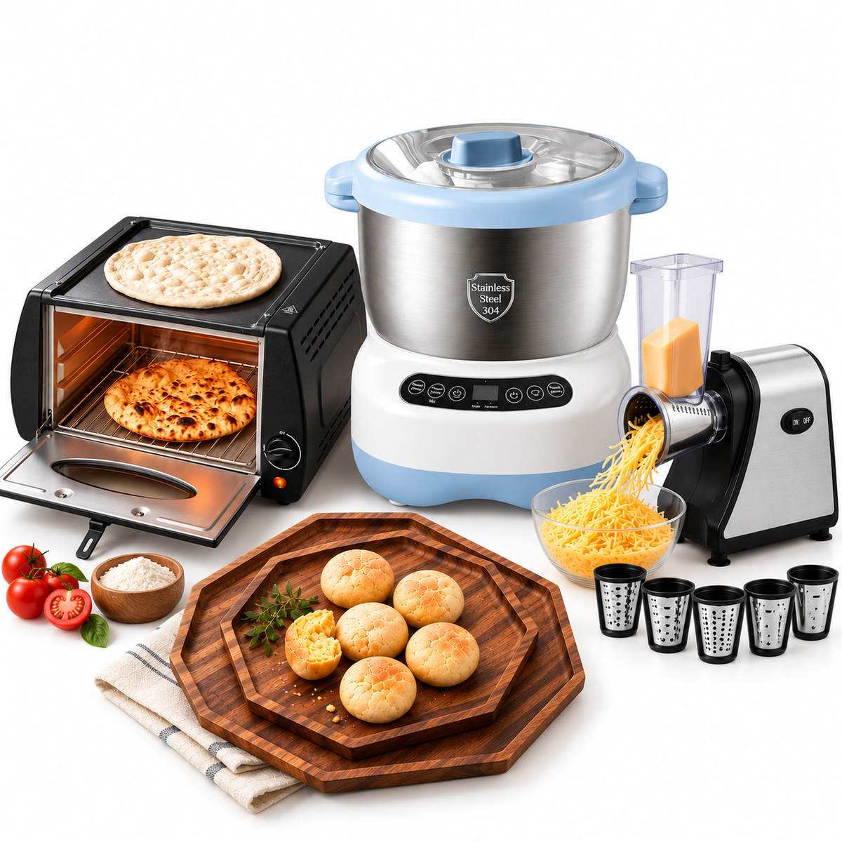 Homemade pizza and roti bundle with electric dough maker, cheese grater, mini tandoor oven and wooden serving platters