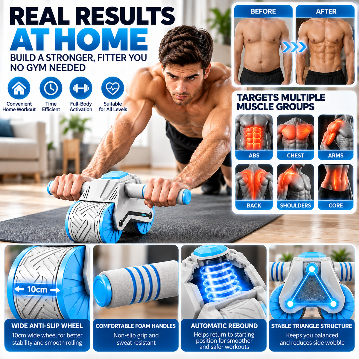 Ab roller for kneeling core workouts and controlled forward rolling movements.