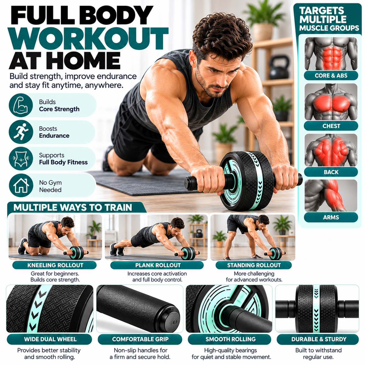 Ab roller wheel for men and women practising abdominal workouts at home.