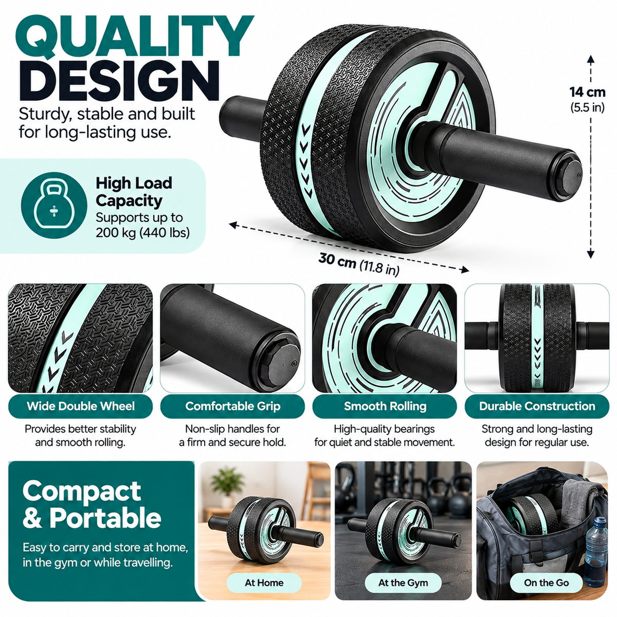 Compact ab wheel suitable for core workouts and abdominal strength exercises.