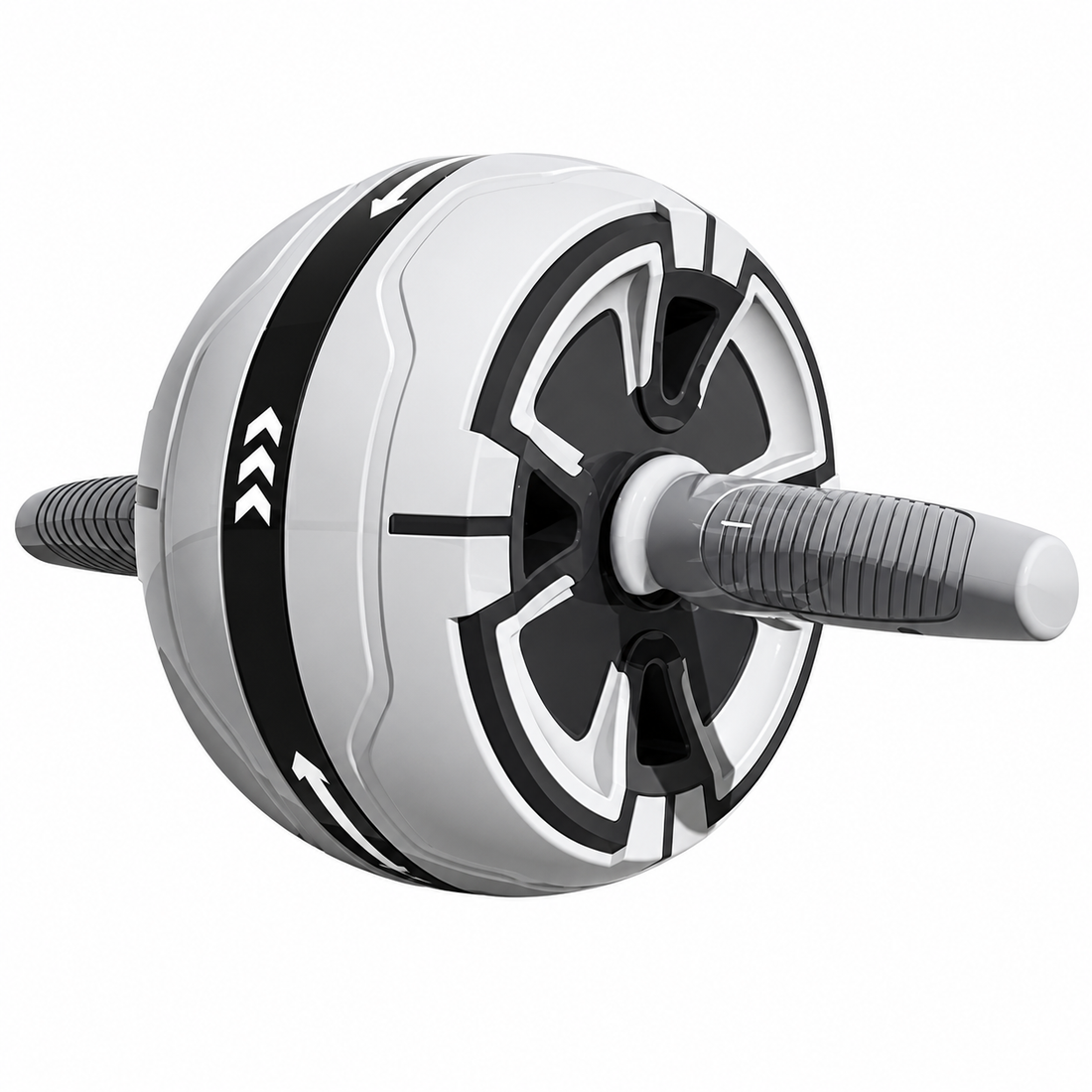 Ab wheel being used for kneeling rollout exercises on a flat workout surface.