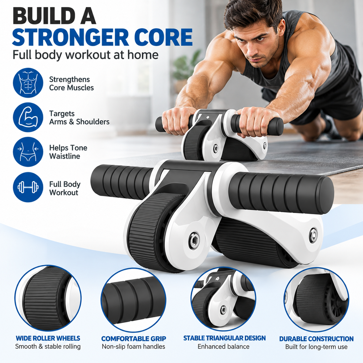 Front view of an abdominal exercise wheel with a dual-wheel structure.