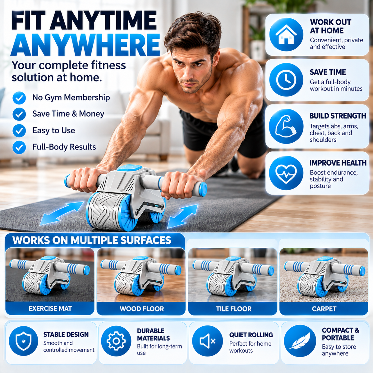 Abdominal muscle training wheel for engaging core, arms and shoulders during exercise.