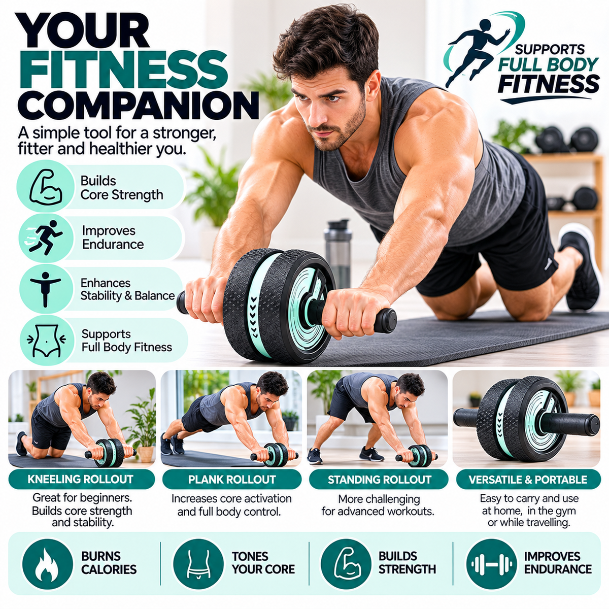 Abdominal fitness roller for engaging core, shoulder and arm muscles during exercise.
