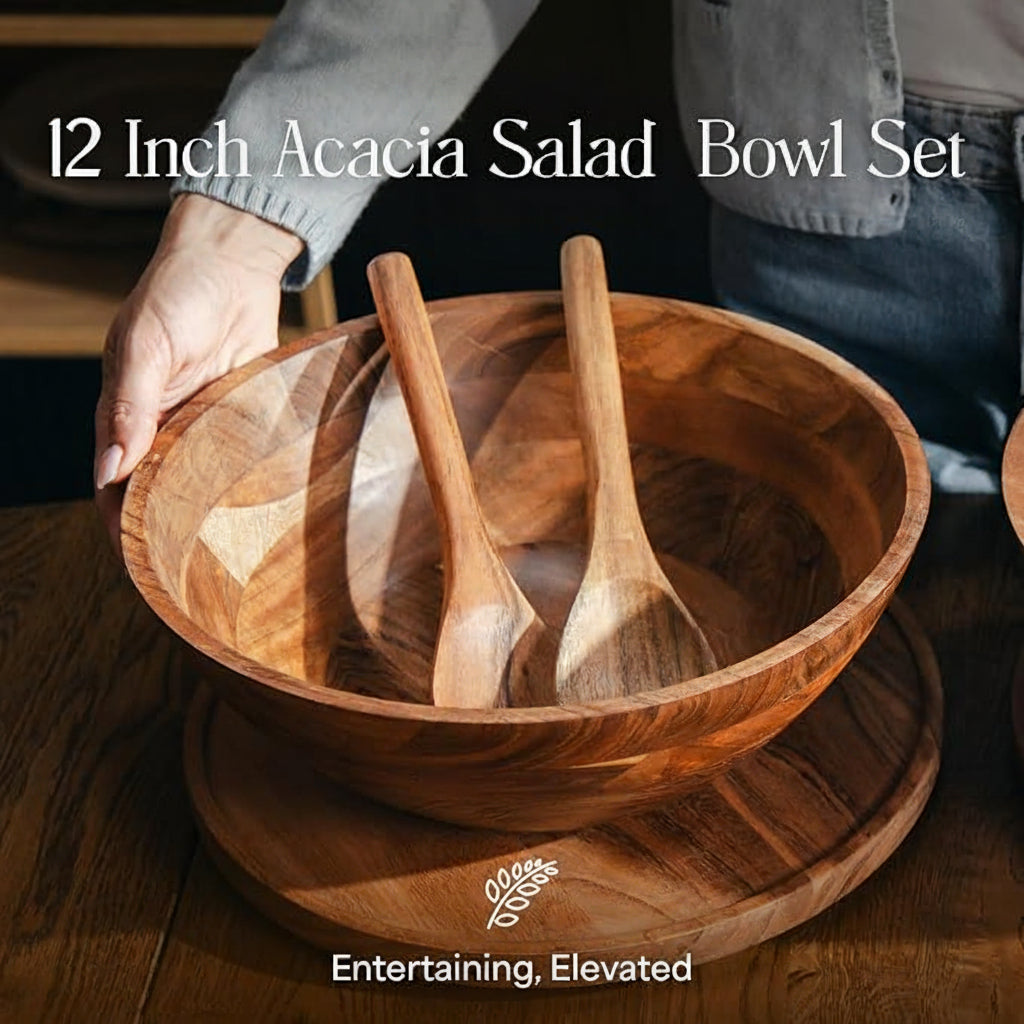 Acacia wood serving bowl set with convenient carry strap