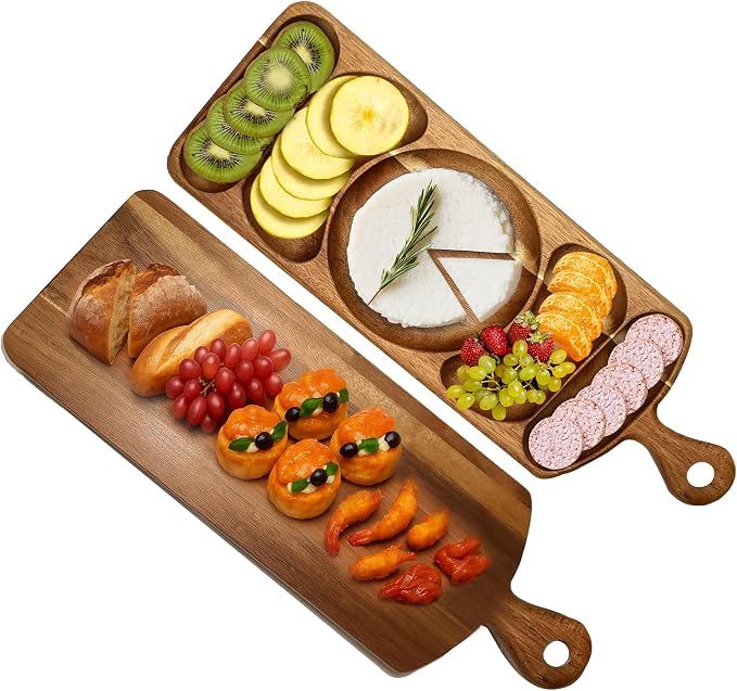 Acacia wood serving tray displaying fruit and assorted snacks