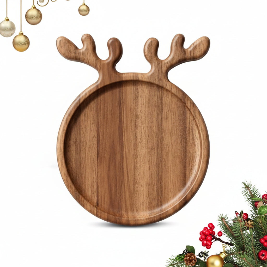 Acacia wood serving platter with decorative reindeer antler design