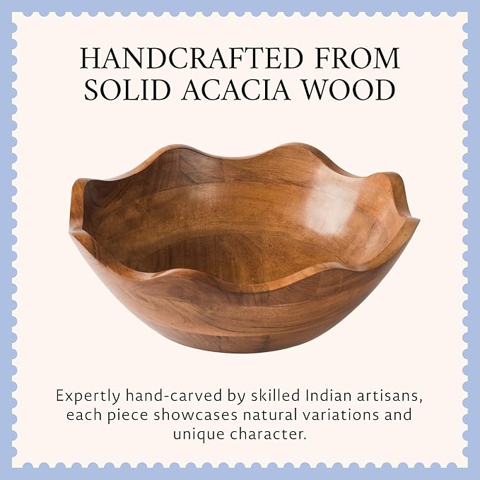 Large wooden serving bowl with decorative scalloped edge