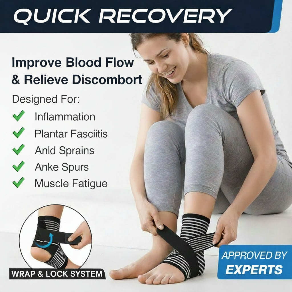 Side view of adjustable ankle compression sleeve with strap