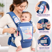 Parent securing the grey fastening clips on a baby carrying harness
