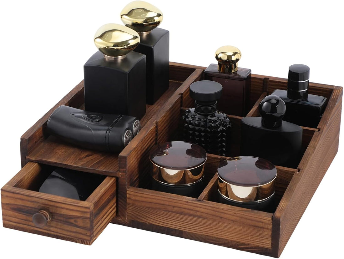 Adjustable bathroom counter organizer for cologne and grooming essentials