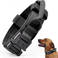 Adjustable black dog collar with built-in handle and metal buckle