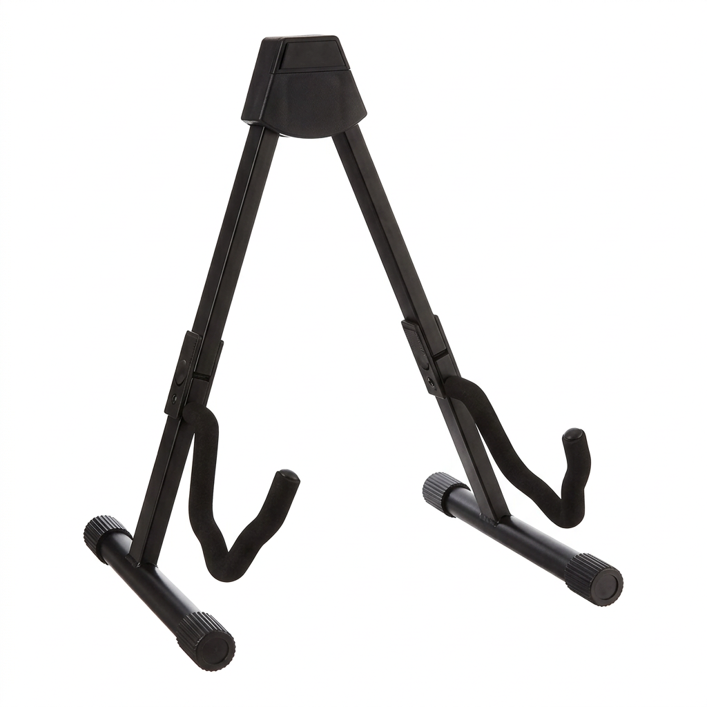 Adjustable folding guitar stand in A-shape design for electric and acoustic guitars with padded foam