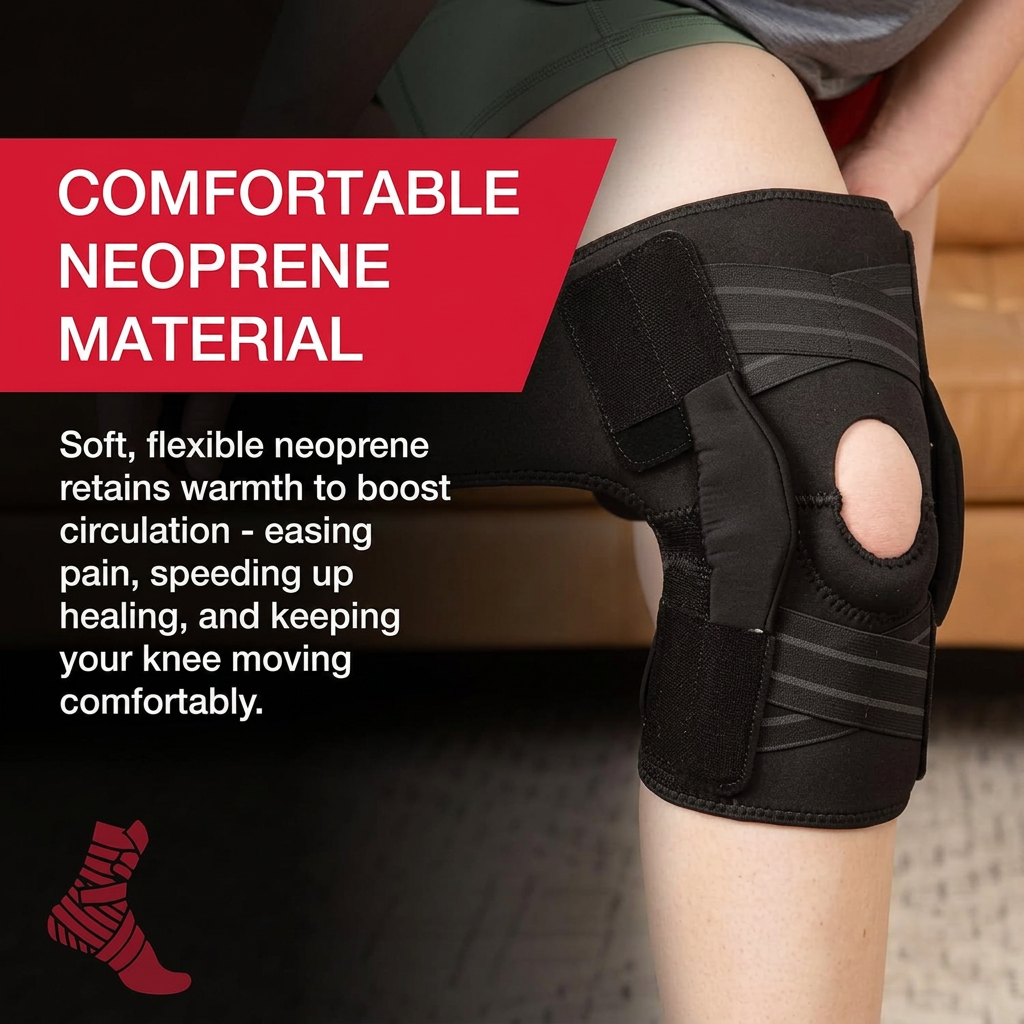 Side profile of sports medicine hinged knee brace highlighting adjustable straps and metal hinges for optimal support