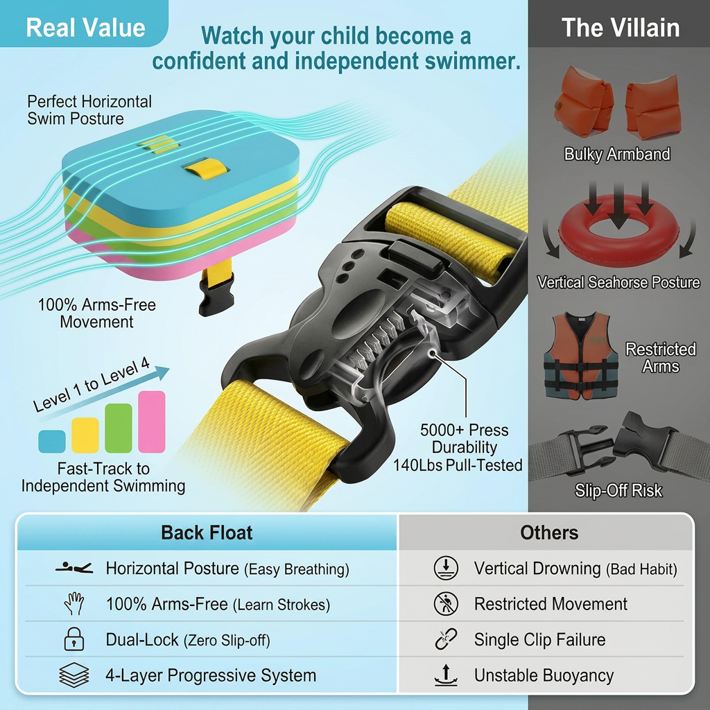 Adjustable kids swim belt with 4-layer buoyancy for safe pool training