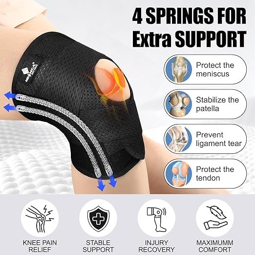Back view of adjustable knee brace showing breathable air mesh fabric and stabilizers