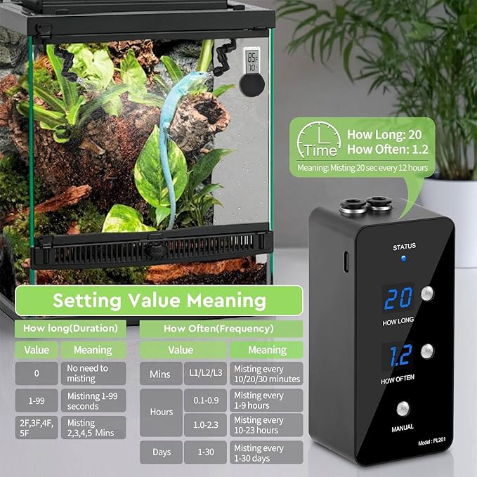 Reptile Misting System with Adjustable Spray Nozzles for Custom Humidity Control