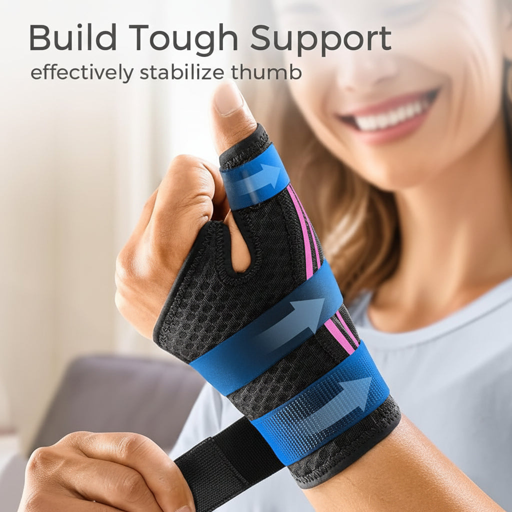 Close-up of adjustable strap design on thumb support wrap
