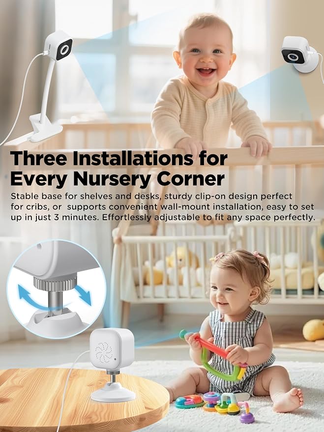 Adjustable nursery camera positioned on a flexible neck for changing the viewing direction