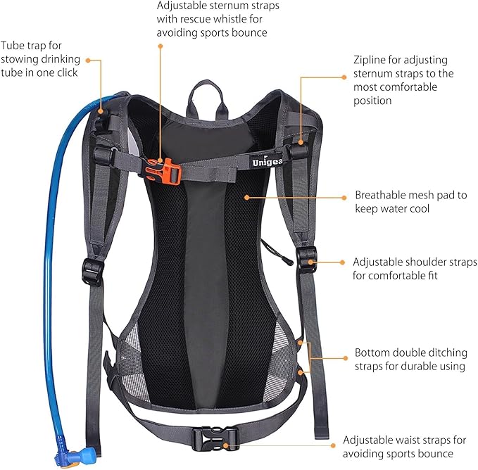Running hydration pack with breathable mesh back panel and adjustable straps