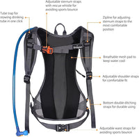 Running hydration pack with breathable mesh back panel and adjustable straps