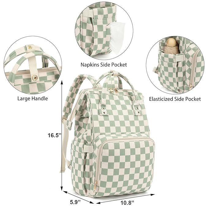 Corduroy checkered diaper bag sitting on a park bench next to baby essentials